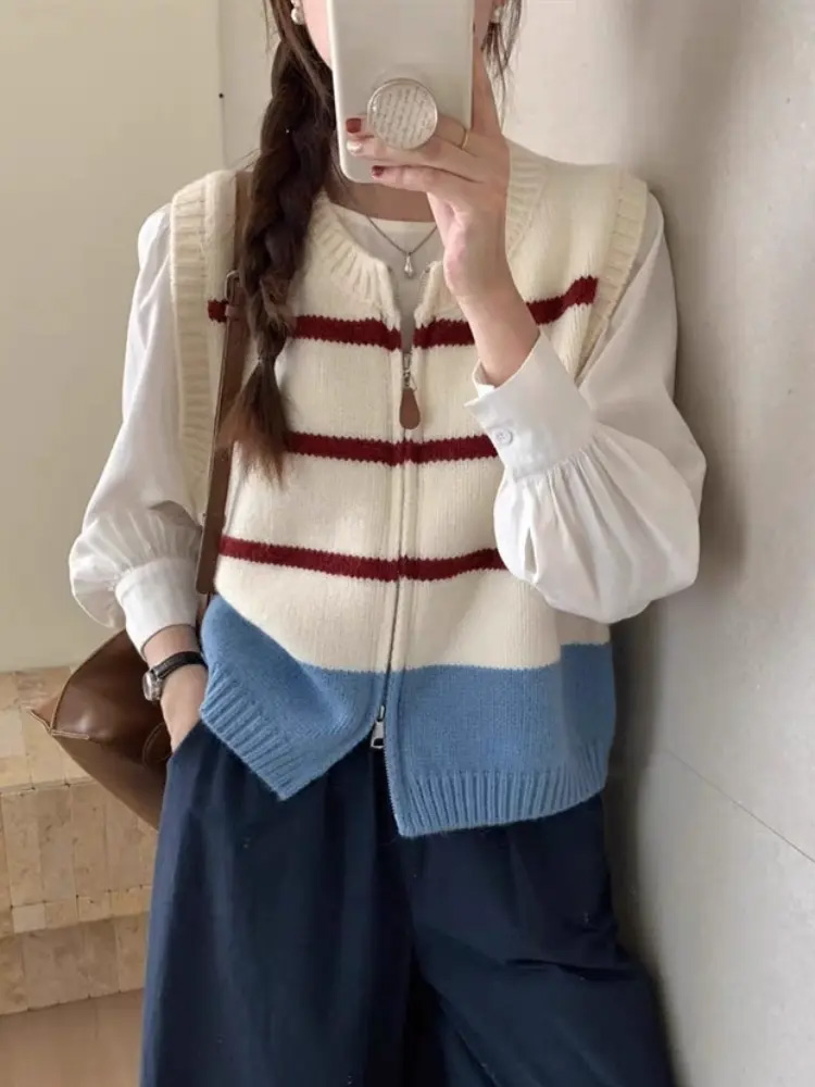 Striped Zipper Cardigan Knitte - Women'S Fashion Gilet incelemesi ve fiyatı