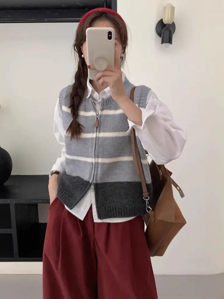 Striped Zipper Cardigan Knitte - Women'S Fashion Gilet incelemesi ve fiyatı