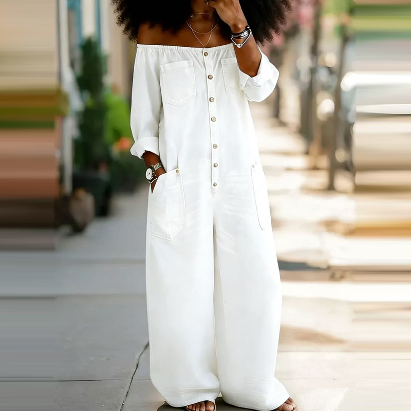 Elegant Off Shoulder Solid Den - Women'S Fashion Vintage Off Shoulder Long Sleeve Jumpsuit incelemesi ve fiyatı