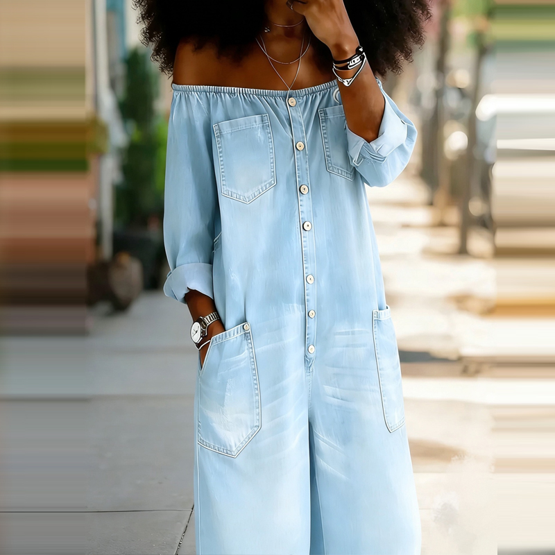 Elegant Off Shoulder Solid Den - Women'S Fashion Vintage Off Shoulder Long Sleeve Jumpsuit incelemesi ve fiyatı