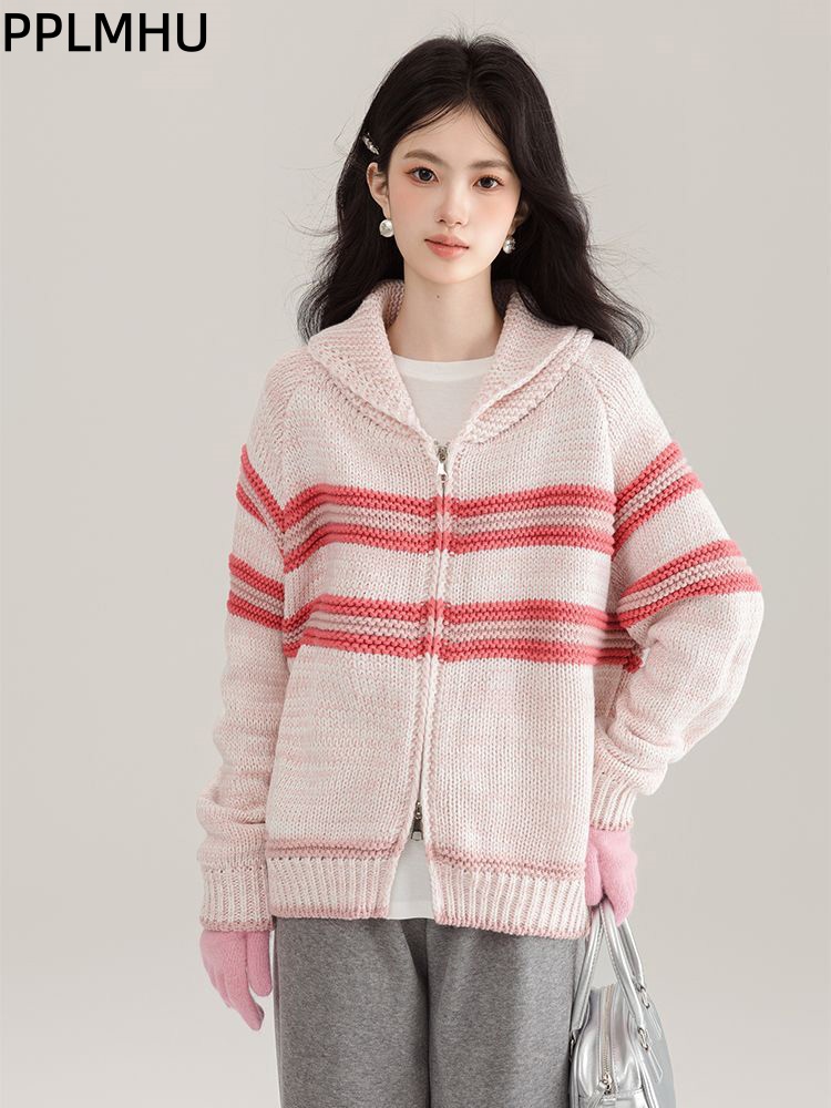 Turn-Down Collar Striped Knitt - Women'S Fashion Gilet incelemesi ve fiyatı