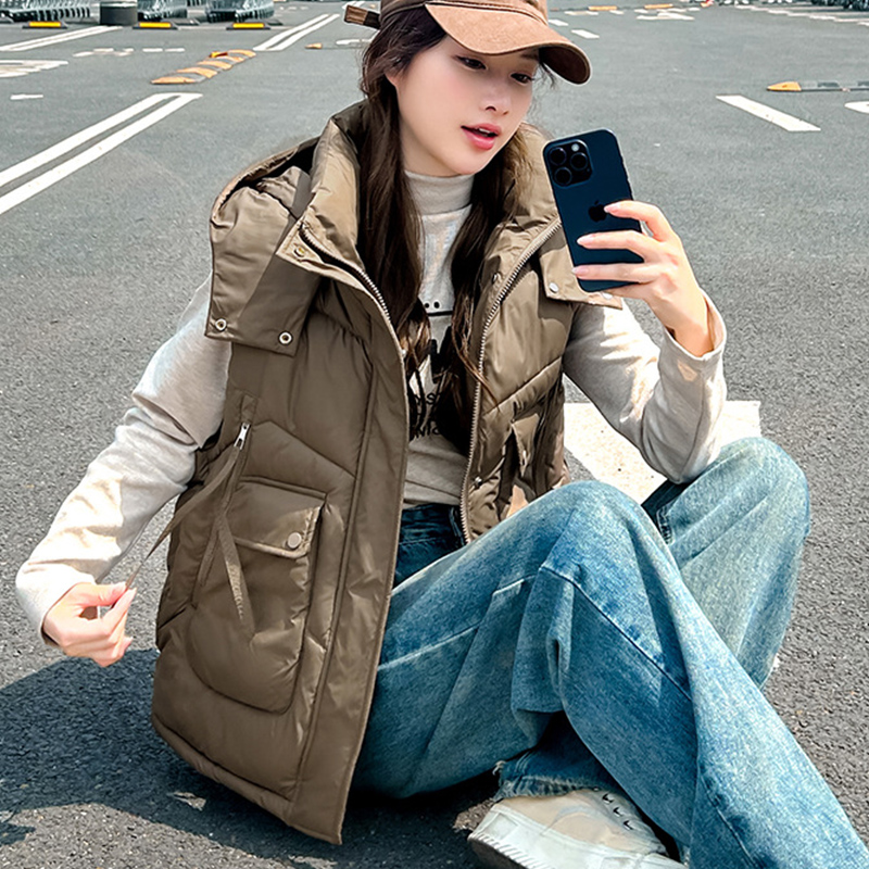 2025 Big Pocket Loose Hooded V - Puffer Vest Fashion Women incelemesi ve fiyatı